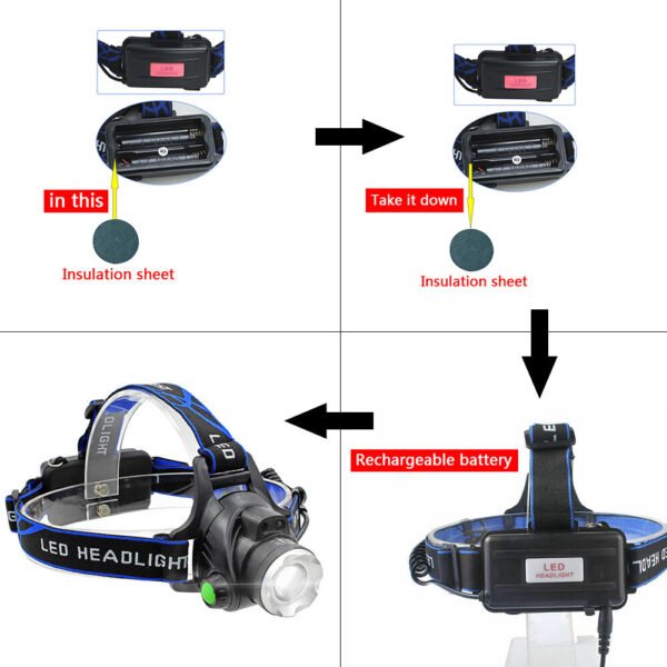 UK ONLY - LED Headlamp Rechargeable Head Torch Zoom Headlight Super Bright Flashlight 3 Modes Work Light With 2 Li-ion Batteries 2 Charger