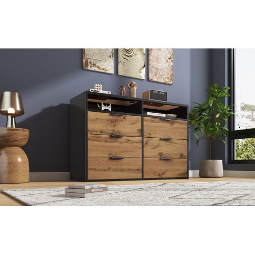 UK ONLY - Sideboard Cabinet Dresser With 6 Drawers And 2 Open Shelves ,Amber Glass Chest Of Drawers, Anti-tip,Dressing Table For Living Room, Bedroom, And Children's Room, 120 X 40 X 80 Cm, Oak
