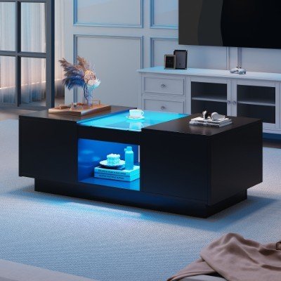 UK ONLY - LED Coffee Table For Living Room, Modern Coffee Table With Storage With LED Lights, 2 Tiers And 2 Drawers, Large Living Room Center Tables Black