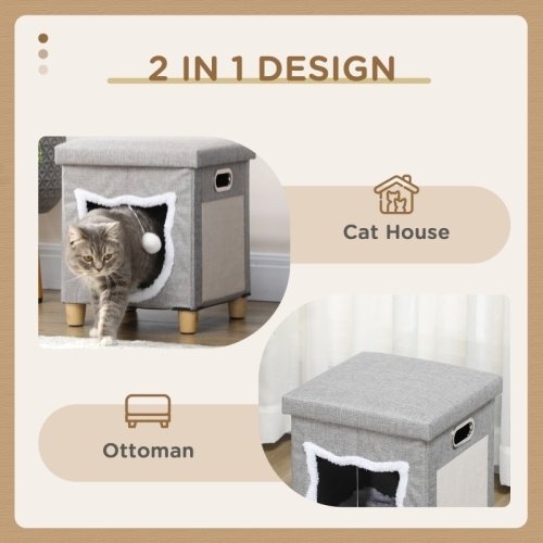 c07d8987-d77e-4a0f-adb1-b39ab5c271e8.jpg UK ONLY - PawHut Cat House Cave, Cat Bed Cube With Scratching Pad, Soft Detachable & Washable Cushion, Toy Ball, For Indoor Kittens, Grey