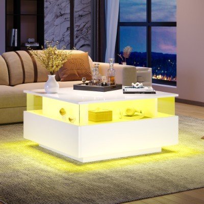 UK ONLY - Coffee Table With Storage For Living Room, Modern LED Coffee Table, Square Tea Table With 2 Sliding Drawers Wood Center Table Acrylic Glass Coffee Table