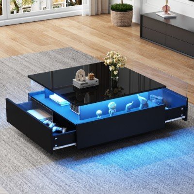 UK ONLY - Coffee Table With Storage For Living Room, Modern LED Coffee Table, Square Tea Table With 2 Sliding Drawers Wood Center Table Acrylic Glass Coffee Table