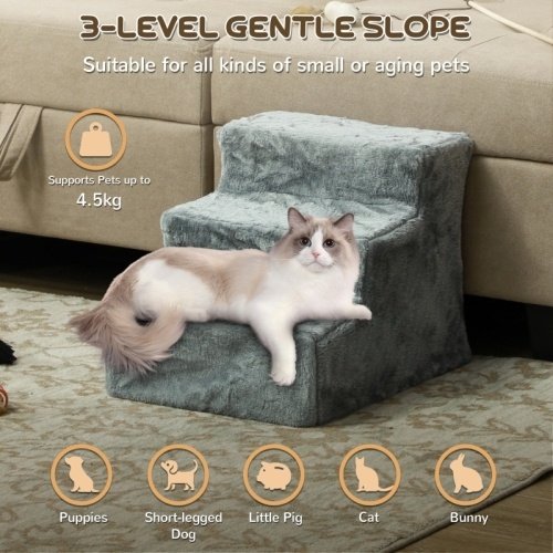 c52b22fd-0a1f-48e4-924b-ff7cadd04d97.jpg UK ONLY - PawHut Three-Step Dog Stairs, With Washable Plush Cover, For High Bed Sofa, Dog Stairs For Small Dog And Cat - Light Grey