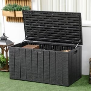 cd19ea6d-9330-4f15-9093-c043d01e21e5.jpg UK ONLY - Outsunny 336 Litre Garden Storage Box, Water-resistant Heavy Duty Double Wall Plastic Container, Extra Large Outdoor Garden Furniture Organizer, Deck Cushion Chest With Wheels And Handles, Black