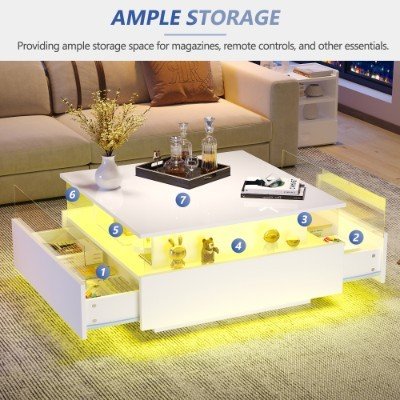 UK ONLY - Coffee Table With Storage For Living Room, Modern LED Coffee Table, Square Tea Table With 2 Sliding Drawers Wood Center Table Acrylic Glass Coffee Table