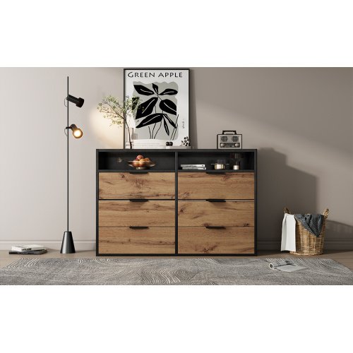 UK ONLY - Sideboard Cabinet Dresser With 6 Drawers And 2 Open Shelves ,Amber Glass Chest Of Drawers, Anti-tip,Dressing Table For Living Room, Bedroom, And Children's Room, 120 X 40 X 80 Cm, Oak