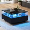 UK ONLY - Coffee Table With Storage For Living Room, Modern LED Coffee Table, Square Tea Table With 2 Sliding Drawers Wood Center Table Acrylic Glass Coffee Table