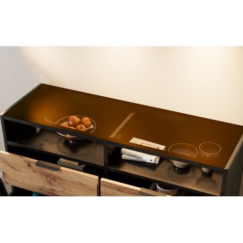 UK ONLY - Sideboard Cabinet Dresser With 6 Drawers And 2 Open Shelves ,Amber Glass Chest Of Drawers, Anti-tip,Dressing Table For Living Room, Bedroom, And Children's Room, 120 X 40 X 80 Cm, Oak