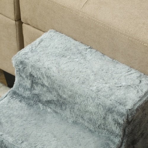 dce1e678-38de-4cdb-a58c-bc3b8caeb3ec.jpg UK ONLY - PawHut Three-Step Dog Stairs, With Washable Plush Cover, For High Bed Sofa, Dog Stairs For Small Dog And Cat - Light Grey