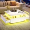 UK ONLY - Coffee Table With Storage For Living Room, Modern LED Coffee Table, Square Tea Table With 2 Sliding Drawers Wood Center Table Acrylic Glass Coffee Table