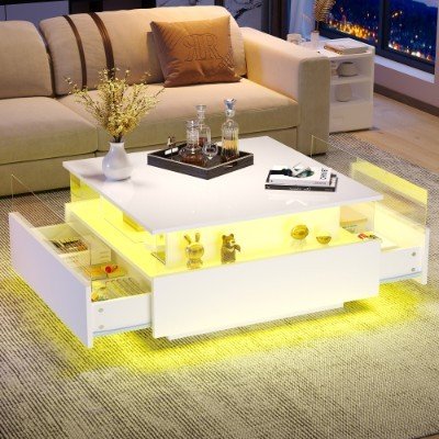 UK ONLY - Coffee Table With Storage For Living Room, Modern LED Coffee Table, Square Tea Table With 2 Sliding Drawers Wood Center Table Acrylic Glass Coffee Table