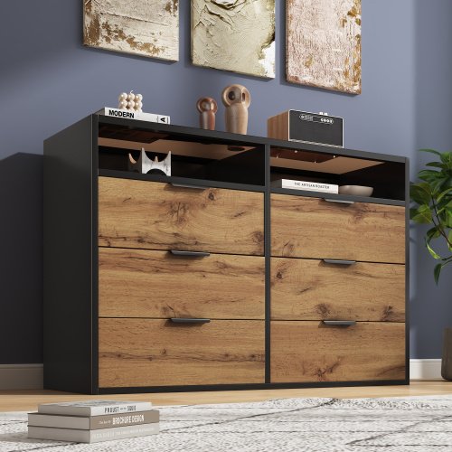 UK ONLY - Sideboard Cabinet Dresser With 6 Drawers And 2 Open Shelves ,Amber Glass Chest Of Drawers, Anti-tip,Dressing Table For Living Room, Bedroom, And Children's Room, 120 X 40 X 80 Cm, Oak