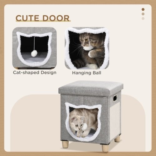 ec911a59-3237-46ff-9d24-a3411a4c8dbb.jpg UK ONLY - PawHut Cat House Cave, Cat Bed Cube With Scratching Pad, Soft Detachable & Washable Cushion, Toy Ball, For Indoor Kittens, Grey