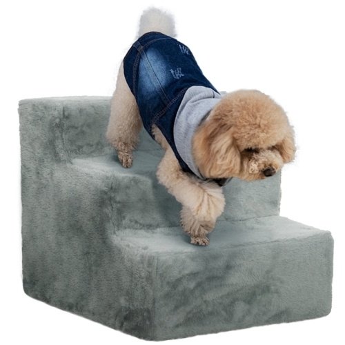 f00b0705-4863-4d2a-a5ea-4656013078d0.jpg UK ONLY - PawHut Three-Step Dog Stairs, With Washable Plush Cover, For High Bed Sofa, Dog Stairs For Small Dog And Cat - Light Grey