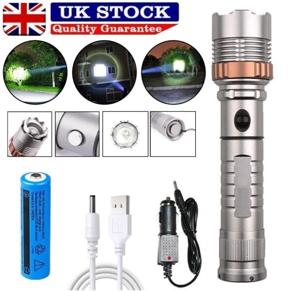UK ONLY - LED Tactical Flashlight Rechargeable LED Work Light Super Bright Torch Emergency Light Escape Hammer