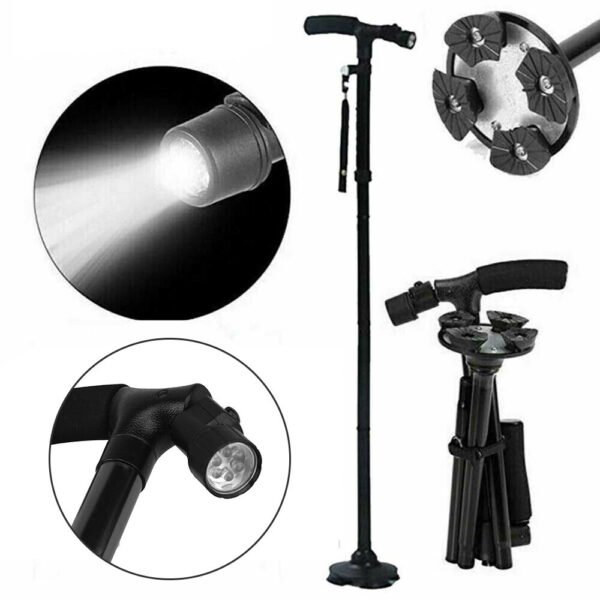 0c02f226-aa44-45ce-97f0-a1bb8a31d0a9.jpg UK ONLY - Folding LED Walking Stick Cane With Flashlight For Senior Aluminium Travel Hiking Cane Trekking Pole Crutch Handle Strap 5 Gears