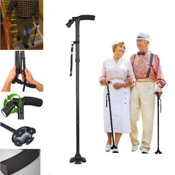 1f89953c-d351-4e8f-ad36-2ecdaba8693b.jpg UK ONLY - Folding LED Walking Stick Cane With Flashlight For Senior Aluminium Travel Hiking Cane Trekking Pole Crutch Handle Strap 5 Gears