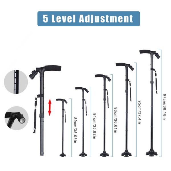 4cbd235b-3375-42a3-905e-5e2295d21fa6.jpg UK ONLY - Folding LED Walking Stick Cane With Flashlight For Senior Aluminium Travel Hiking Cane Trekking Pole Crutch Handle Strap 5 Gears