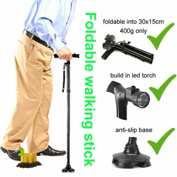 a0b801e6-4d15-43e0-ba16-f22c2b9df116.jpg UK ONLY - Folding LED Walking Stick Cane With Flashlight For Senior Aluminium Travel Hiking Cane Trekking Pole Crutch Handle Strap 5 Gears