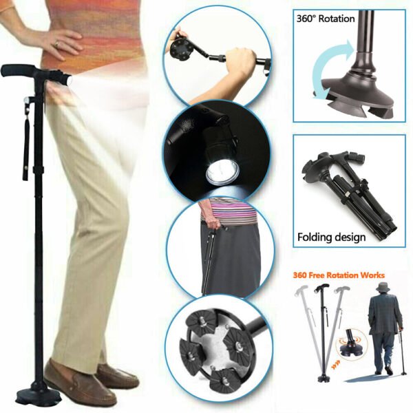 a86ca46f-c3c7-407e-93fa-d9ca80387230.jpg UK ONLY - Folding LED Walking Stick Cane With Flashlight For Senior Aluminium Travel Hiking Cane Trekking Pole Crutch Handle Strap 5 Gears