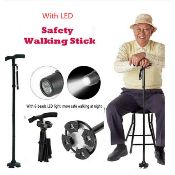 ae0def89-8a9c-48d0-9bfc-67ae7c989a8e.jpg UK ONLY - Folding LED Walking Stick Cane With Flashlight For Senior Aluminium Travel Hiking Cane Trekking Pole Crutch Handle Strap 5 Gears