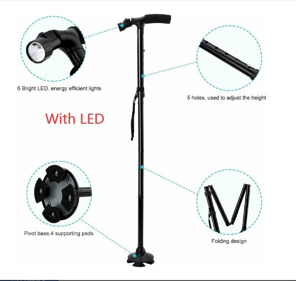 fee10779-dd00-4633-ad16-56bbbf851629.jpg UK ONLY - Folding LED Walking Stick Cane With Flashlight For Senior Aluminium Travel Hiking Cane Trekking Pole Crutch Handle Strap 5 Gears