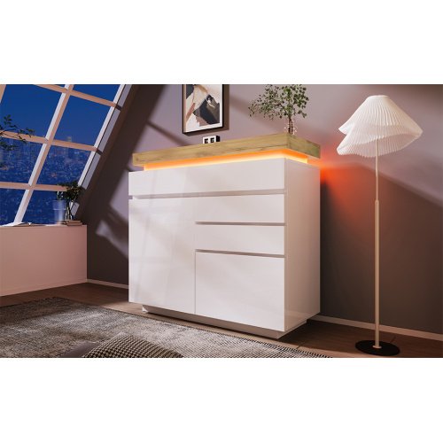 UK Only - Chest Of Drawers,High-gloss Sideboard Cabinet With 2 Doors And 3 Drawers,Storage With RGB LED App-controlled,Multi-purpose Cabinet For Living Room And Bedroom, 115 X 110 X 39 Cm, White