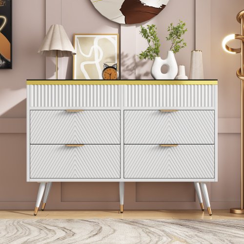 UK Only - Sideboard Cabinet Dresser With 6 Drawers,Amber Glass Chest Of Drawers, Compartmentalised Storage,Anti-tip,Dressing Table For Living Room, Hallway, Bedroom, And Children's Room, 120 X 40 X 76 Cm, White