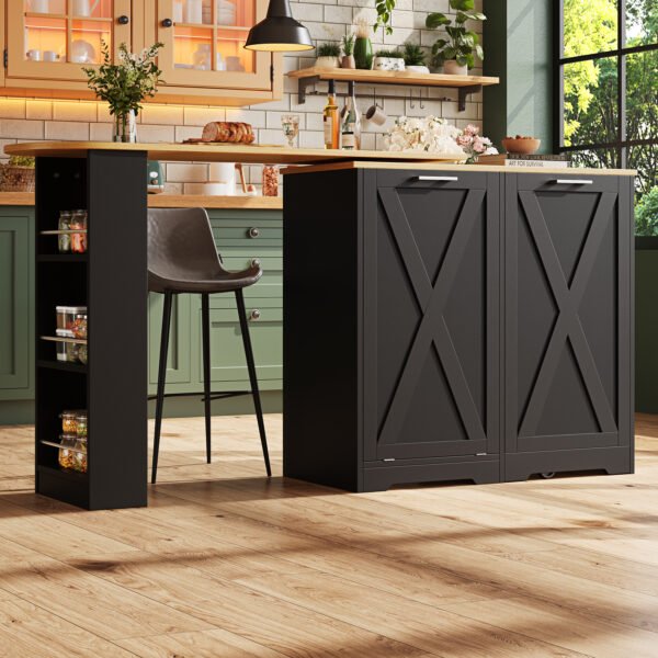 UK Only - 360 Rotating Kitchen Island, Modern Minimalist, Multifunctional Storage Cabinet, Ideal For Bedroom Living Room Dining Room, Swivel Sideboard With Side Shelves, Black Finish, Folding Door Design