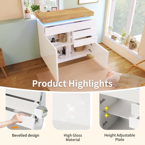 UK Only - Chest Of Drawers,High-gloss Sideboard Cabinet With 2 Doors And 3 Drawers,Storage With RGB LED App-controlled,Multi-purpose Cabinet For Living Room And Bedroom, 115 X 110 X 39 Cm, White
