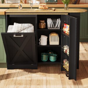 1ec2c216-5238-4c9a-980f-d58c45adc810.jpg UK Only - 360 Rotating Kitchen Island, Modern Minimalist, Multifunctional Storage Cabinet, Ideal For Bedroom Living Room Dining Room, Swivel Sideboard With Side Shelves, Black Finish, Folding Door Design