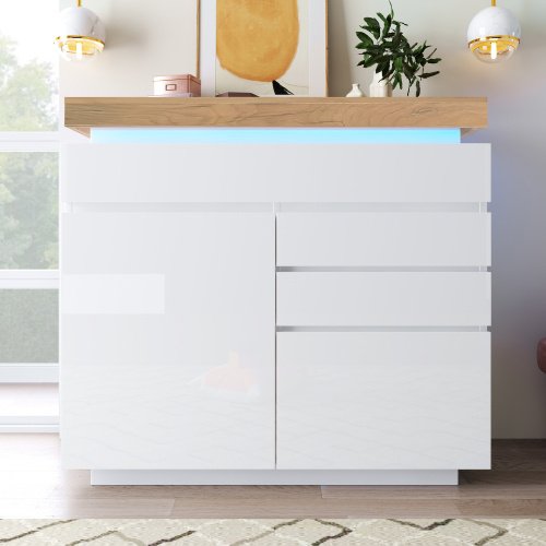UK Only - Chest Of Drawers,High-gloss Sideboard Cabinet With 2 Doors And 3 Drawers,Storage With RGB LED App-controlled,Multi-purpose Cabinet For Living Room And Bedroom, 115 X 110 X 39 Cm, White