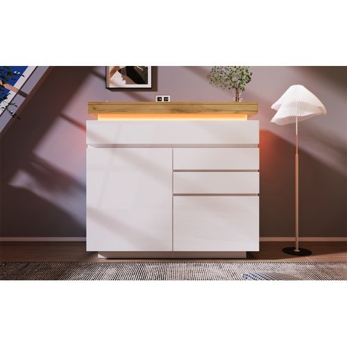 UK Only - Chest Of Drawers,High-gloss Sideboard Cabinet With 2 Doors And 3 Drawers,Storage With RGB LED App-controlled,Multi-purpose Cabinet For Living Room And Bedroom, 115 X 110 X 39 Cm, White