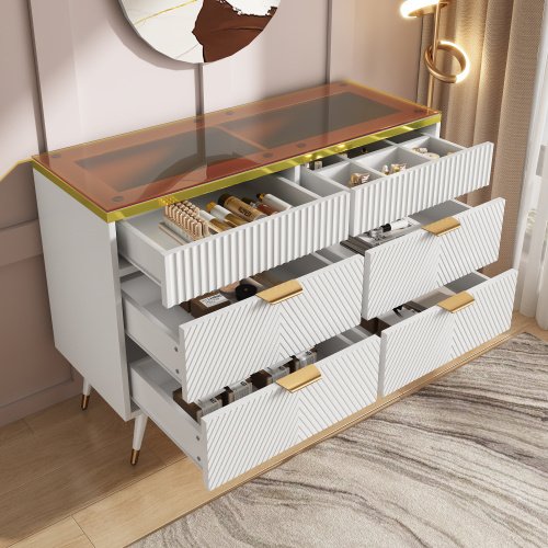 UK Only - Sideboard Cabinet Dresser With 6 Drawers,Amber Glass Chest Of Drawers, Compartmentalised Storage,Anti-tip,Dressing Table For Living Room, Hallway, Bedroom, And Children's Room, 120 X 40 X 76 Cm, White