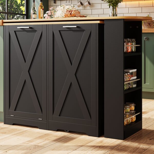 UK Only - 360 Rotating Kitchen Island, Modern Minimalist, Multifunctional Storage Cabinet, Ideal For Bedroom Living Room Dining Room, Swivel Sideboard With Side Shelves, Black Finish, Folding Door Design