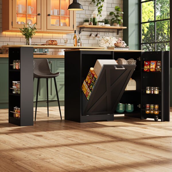 UK Only - 360 Rotating Kitchen Island, Modern Minimalist, Multifunctional Storage Cabinet, Ideal For Bedroom Living Room Dining Room, Swivel Sideboard With Side Shelves, Black Finish, Folding Door Design