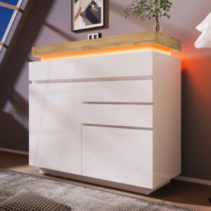 60e91004-964a-4dba-a36f-7f28e7459063.jpg UK Only - Chest Of Drawers,High-gloss Sideboard Cabinet With 2 Doors And 3 Drawers,Storage With RGB LED App-controlled,Multi-purpose Cabinet For Living Room And Bedroom, 115 X 110 X 39 Cm, White