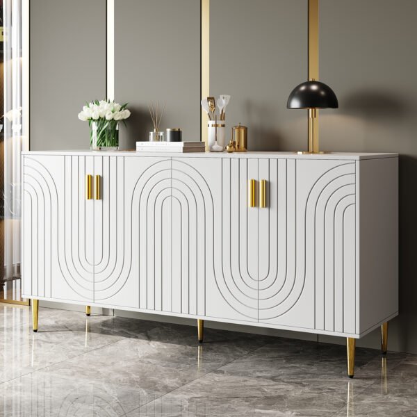 UK Only - White Sideboard 152 X 40 X 75 Cm With Unique Wave Design And Golden Handles And Feet, Creating An Elegant Dining Area