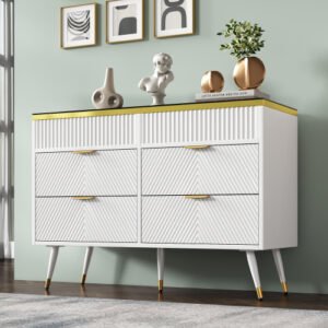 UK Only - Sideboard Cabinet Dresser With 6 Drawers,Amber Glass Chest Of Drawers, Compartmentalised Storage,Anti-tip,Dressing Table For Living Room, Hallway, Bedroom, And Children's Room, 120 X 40 X 76 Cm, White