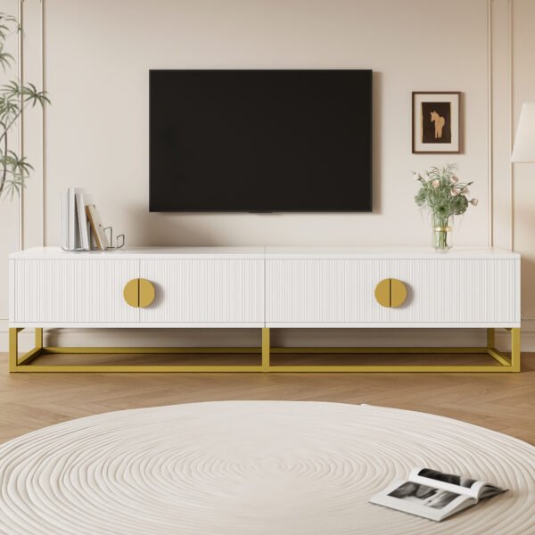 UK Only - 180 Cm TV Cabinet In White  Modern Dining Room Cabinet, 4 Doors, Semi-Circular Handles