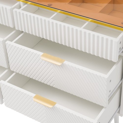 UK Only - Sideboard Cabinet Dresser With 6 Drawers,Amber Glass Chest Of Drawers, Compartmentalised Storage,Anti-tip,Dressing Table For Living Room, Hallway, Bedroom, And Children's Room, 120 X 40 X 76 Cm, White