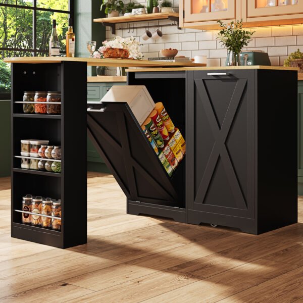 UK Only - 360 Rotating Kitchen Island, Modern Minimalist, Multifunctional Storage Cabinet, Ideal For Bedroom Living Room Dining Room, Swivel Sideboard With Side Shelves, Black Finish, Folding Door Design