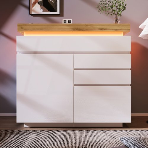 UK Only - Chest Of Drawers,High-gloss Sideboard Cabinet With 2 Doors And 3 Drawers,Storage With RGB LED App-controlled,Multi-purpose Cabinet For Living Room And Bedroom, 115 X 110 X 39 Cm, White