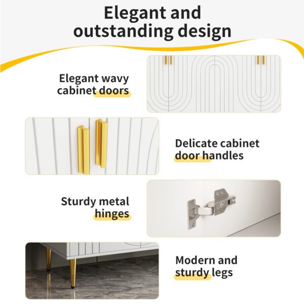 UK Only - White Sideboard 152 X 40 X 75 Cm With Unique Wave Design And Golden Handles And Feet, Creating An Elegant Dining Area