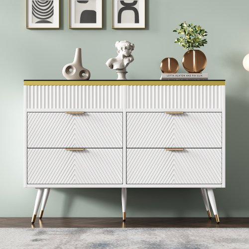 UK Only - Sideboard Cabinet Dresser With 6 Drawers,Amber Glass Chest Of Drawers, Compartmentalised Storage,Anti-tip,Dressing Table For Living Room, Hallway, Bedroom, And Children's Room, 120 X 40 X 76 Cm, White