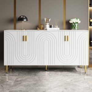 UK Only - White Sideboard 152 X 40 X 75 Cm With Unique Wave Design And Golden Handles And Feet, Creating An Elegant Dining Area