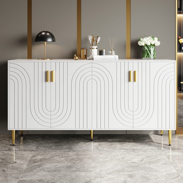 UK Only - White Sideboard 152 X 40 X 75 Cm With Unique Wave Design And Golden Handles And Feet, Creating An Elegant Dining Area
