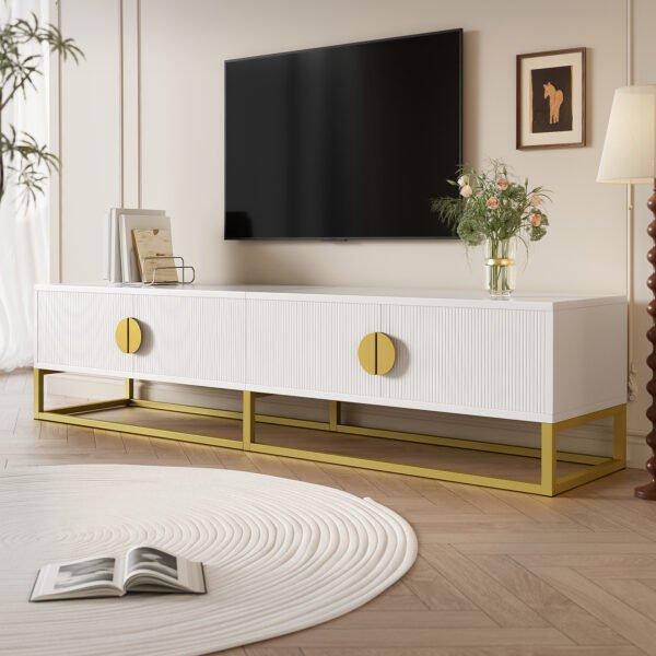 UK Only - 180 Cm TV Cabinet In White  Modern Dining Room Cabinet, 4 Doors, Semi-Circular Handles