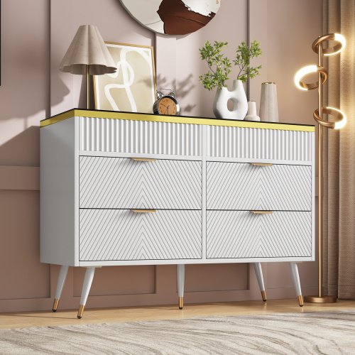 UK Only - Sideboard Cabinet Dresser With 6 Drawers,Amber Glass Chest Of Drawers, Compartmentalised Storage,Anti-tip,Dressing Table For Living Room, Hallway, Bedroom, And Children's Room, 120 X 40 X 76 Cm, White