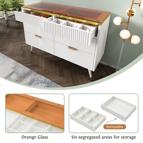 UK Only - Sideboard Cabinet Dresser With 6 Drawers,Amber Glass Chest Of Drawers, Compartmentalised Storage,Anti-tip,Dressing Table For Living Room, Hallway, Bedroom, And Children's Room, 120 X 40 X 76 Cm, White